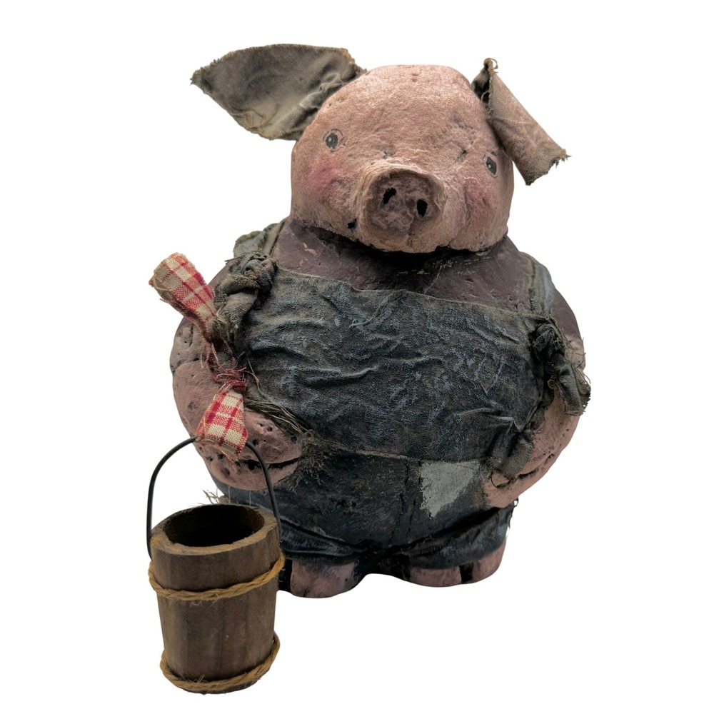 Wobler's Pig Folk Art Figurine Pink Brown Primitive Farmhouse Decor Animal